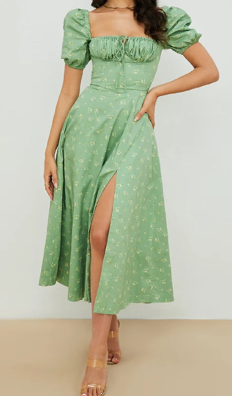 VINTAGE FLORAL PUFF SLEEVE MIDI DRESS IN GREEN