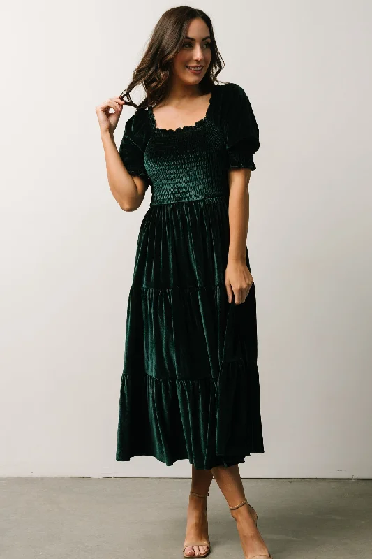 Vivaldi Smocked Velvet Midi Dress | Dark Green