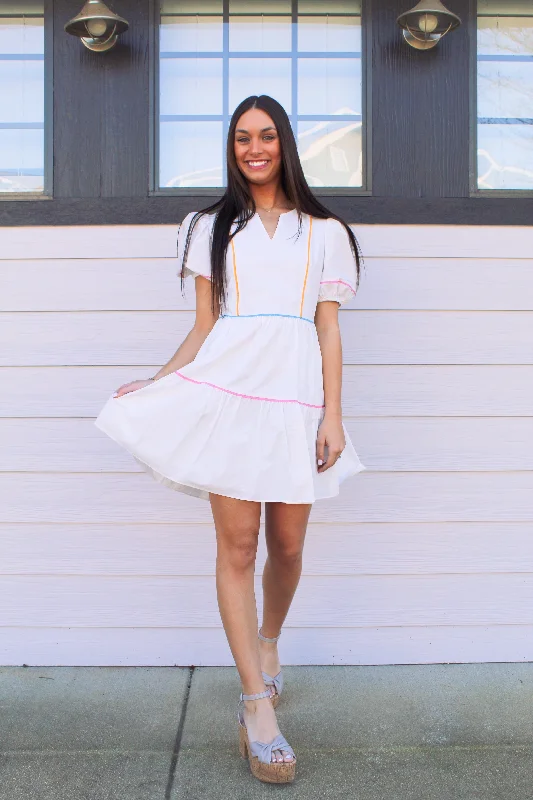 White Rainbow Detailed Mini Dress