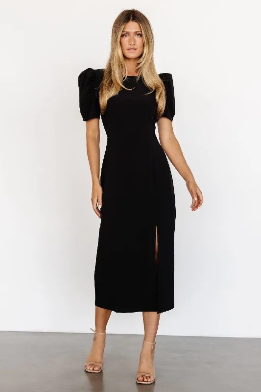 Younge Puff Sleeve Midi Dress | Black