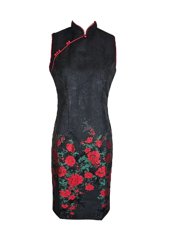 1240052 Floral Embroidery Cheongsam *Black