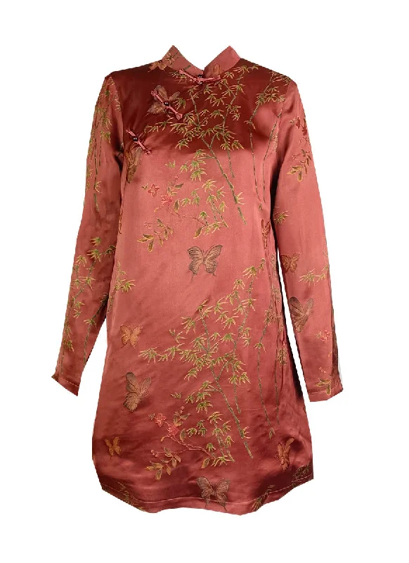 2240015 Long Sleeve Embroidered Silk Cheongsam *Red