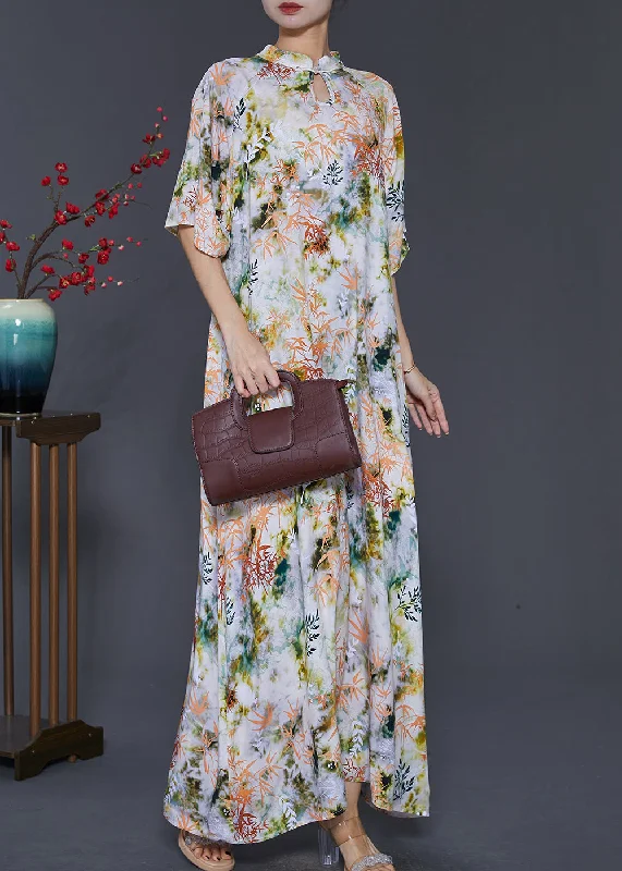 Apricot Print Cotton Cheongsam Dress Mandarin Collar Summer SD1019