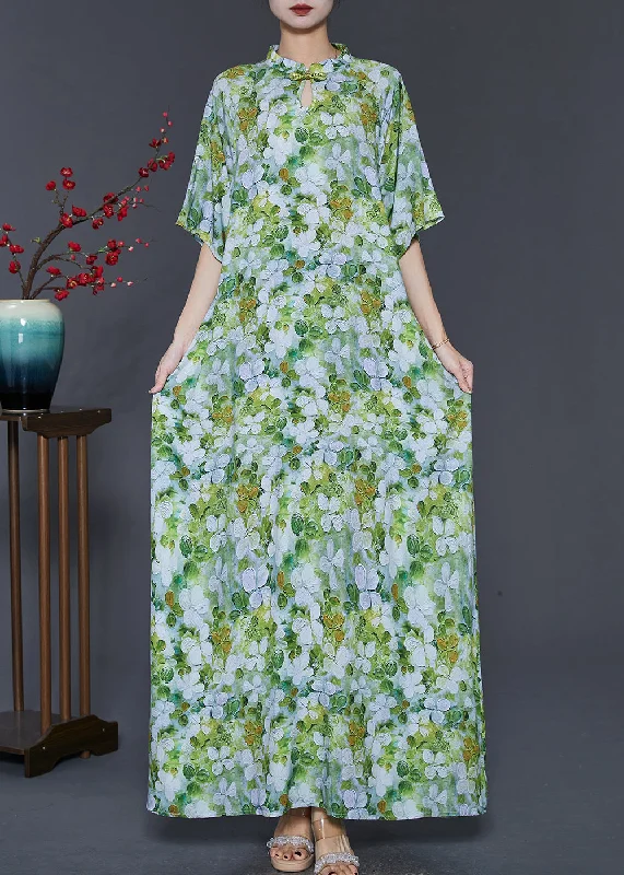 Chinese Style Green Print Cotton Cheongsam Dresses Summer SD1083