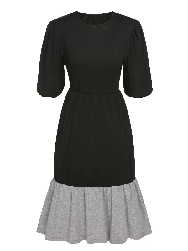 Black 1930s Patchwork Lantern Sleeve Dress