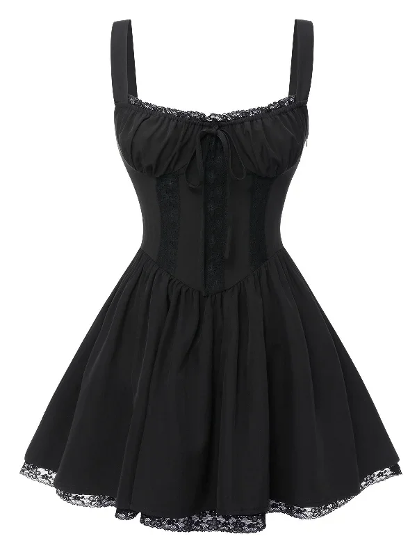 Black 1950s Solid Lace Gothic Dress