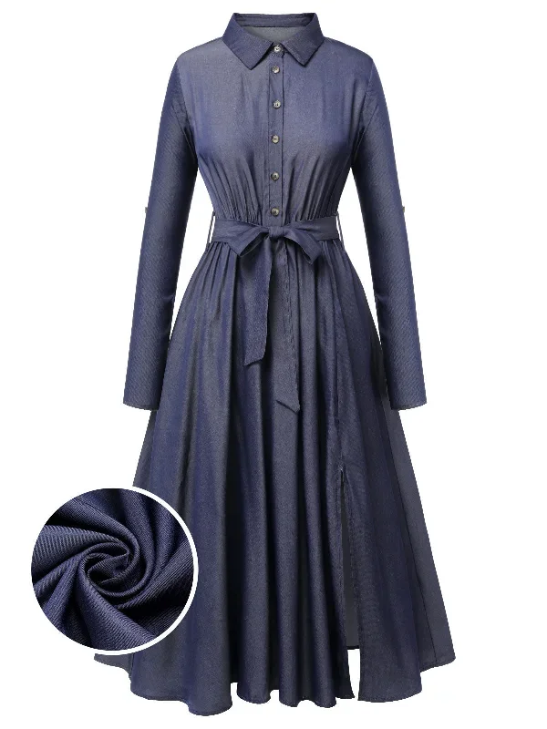 Blue 1940s Solid Shirt Collar Belt Dress