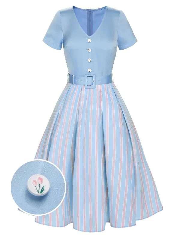 [Pre-Sale] Blue 1950s V-Neck Stripe Belted Dress