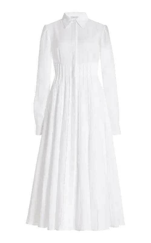 Dewi Pleated Shirtdress in White Aloe Linen