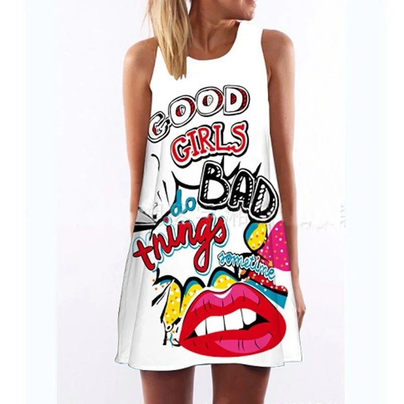 Digital printing a word short skirt round neck loose sleeveless dress