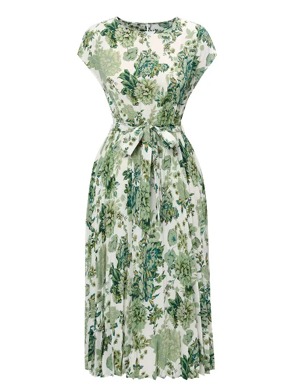 Green 1940s Floral Tie Belt Dress