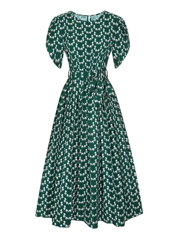 Green 1940s Floral Waist Tie Dress