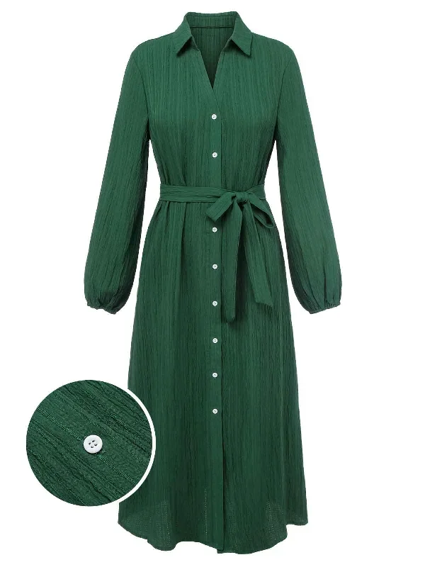 Green 1960s Lapel Loose Belted Dress