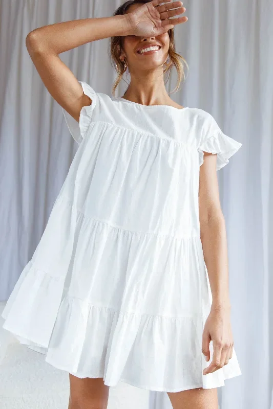 Hyacinth Ruffle Sleeve Smock Dress White