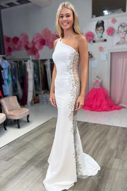 Mermaid White One Shoulder Beaded Long Formal Dress