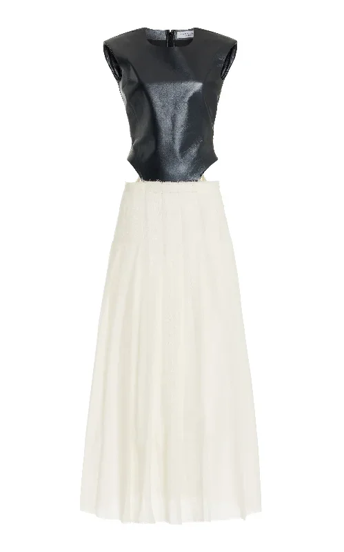 Mina Pleated Dress in Ivory Virgin Wool Cashmere with Metallic Nappa Leather Bodice