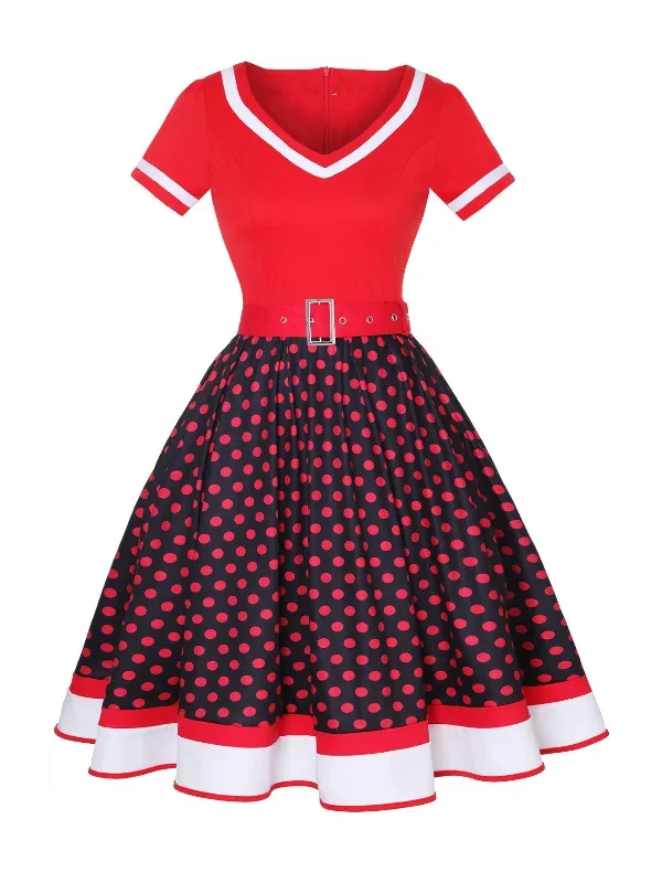 Multicolor 1950s Polka Dots Patchwork Belted Dress