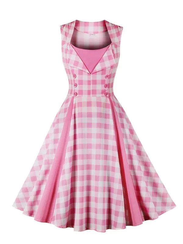 Pink 1950s Gingham Plaid Sleeveless Dress