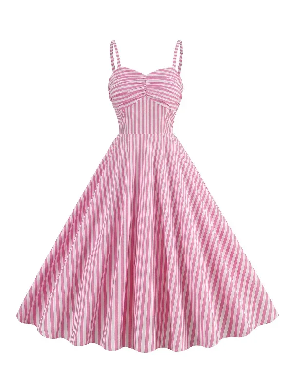 Pink 1950s Spaghetti Strap Stripes Swing Dress