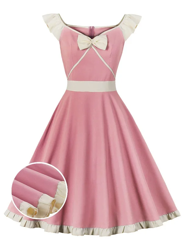 Pink 1950s Sweetheart Collar Bow Swing Dress