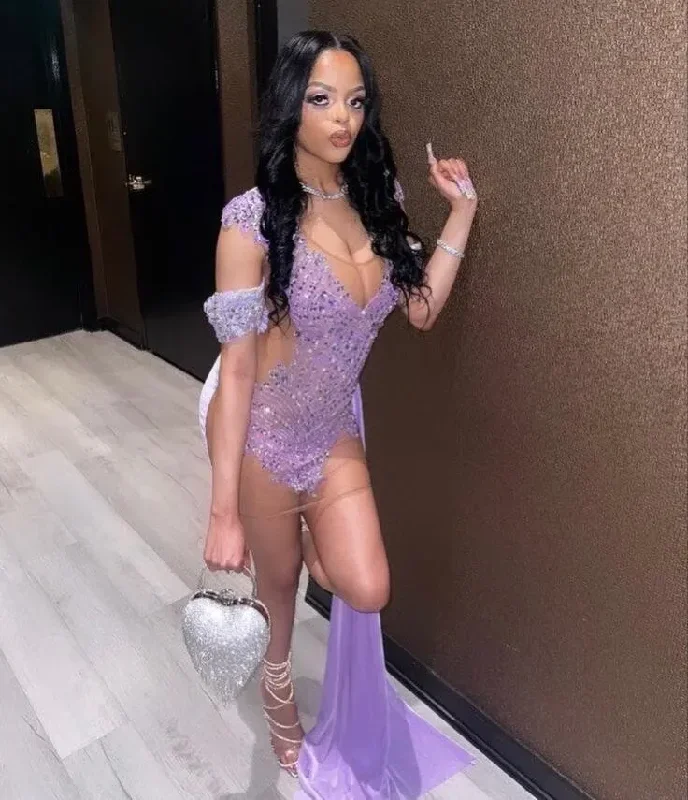 Purple Velvet Short Prom Dress for Black Girl Sparkly Diamond Crystal Beaded Sheer Mesh Birthday Homecoming Queen Gown