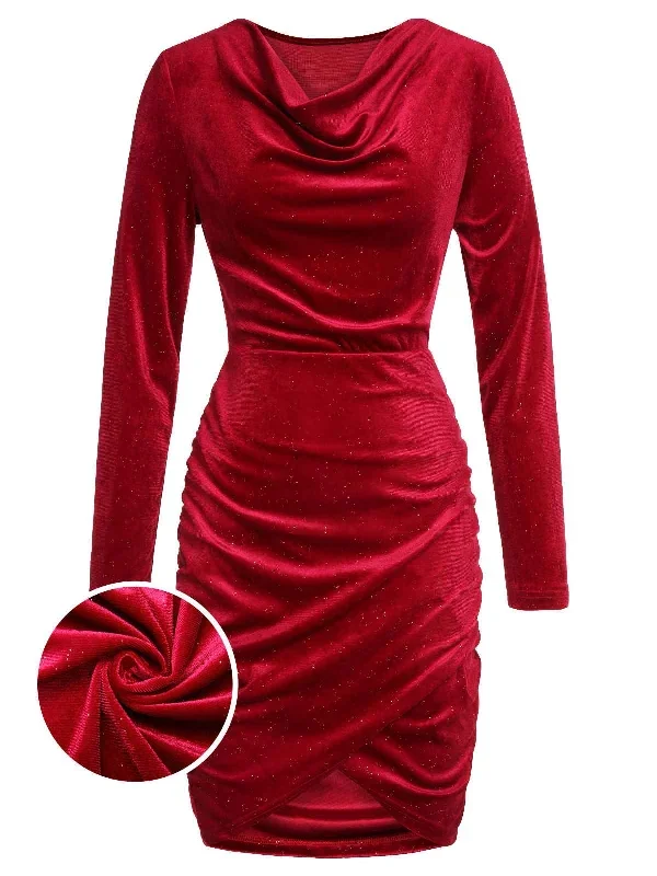 Red 1960s Swing Collar Velvet Pencil Dress