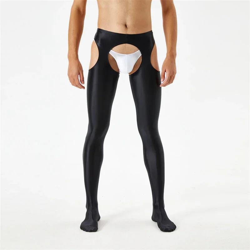 Shiny Glossy Silky Four Sides Hollowed-out And Crotchless Stirrup Leggings