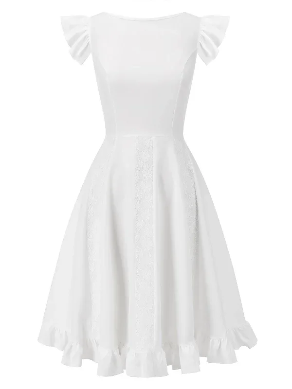 White 1950s Lace Patchwork Solid Dress