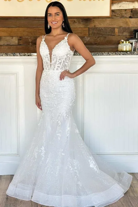 White Lace Plunge V Trumpet Long Formal Dress