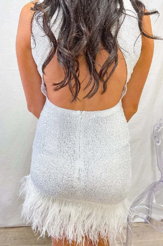 white-scoop-neck-cutout-back-feathers-short-dress