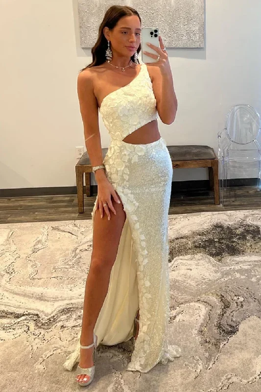 White Sequin One-Shoulder Cutout Long Prom Dress with Floral Appliques