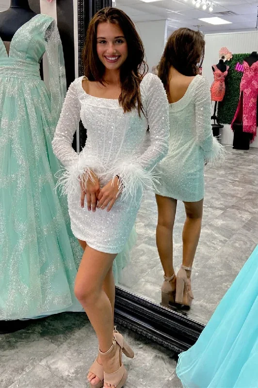 White Sequin Round-Neck Long Sleeve Feather Short Party Dress