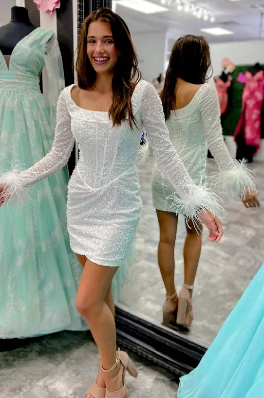 white-sequin-square-neck-long-sleeve-feather-short-party-dress