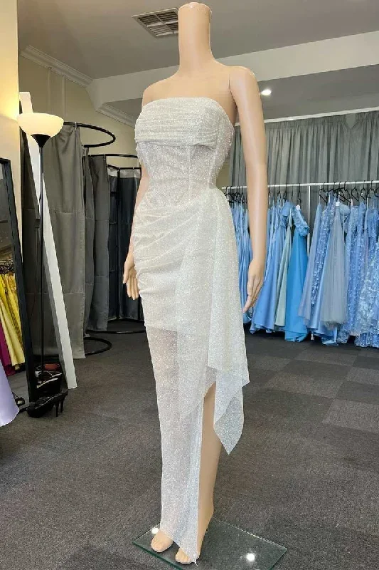 White Sequin Strapless High-Low Cocktail Dress