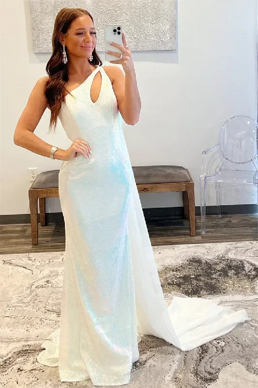 White Sequins One-Shoulder Cut-Out Long Prom Dress with Scarf