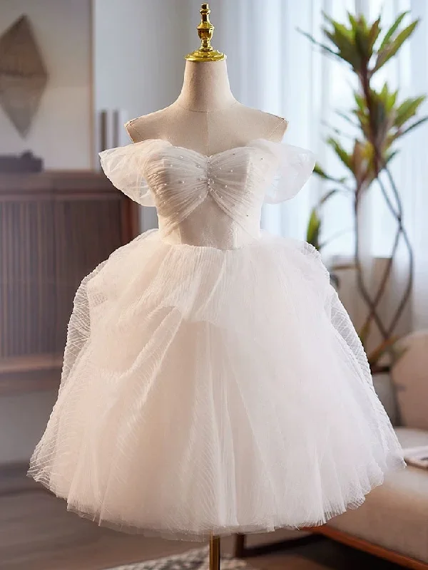 White Sweetheart Neck Tulle Lace Short Prom Dress, White Homecoming Dress